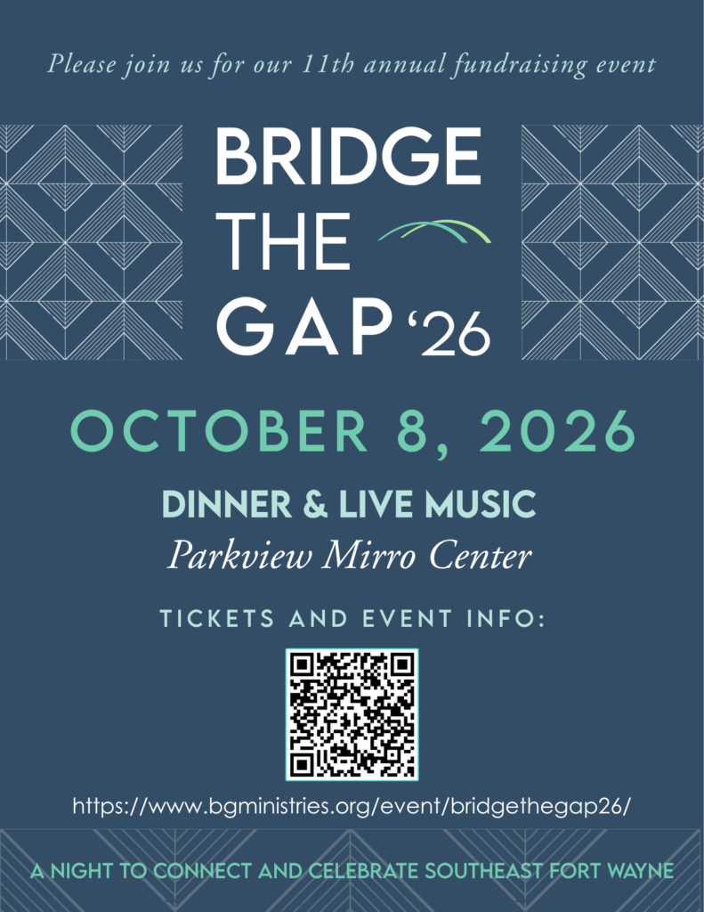 Poster for Bridge the Gap ’26 fundraiser on Oct. 8, 2026 featuring dinner and live music, with a QR code included.