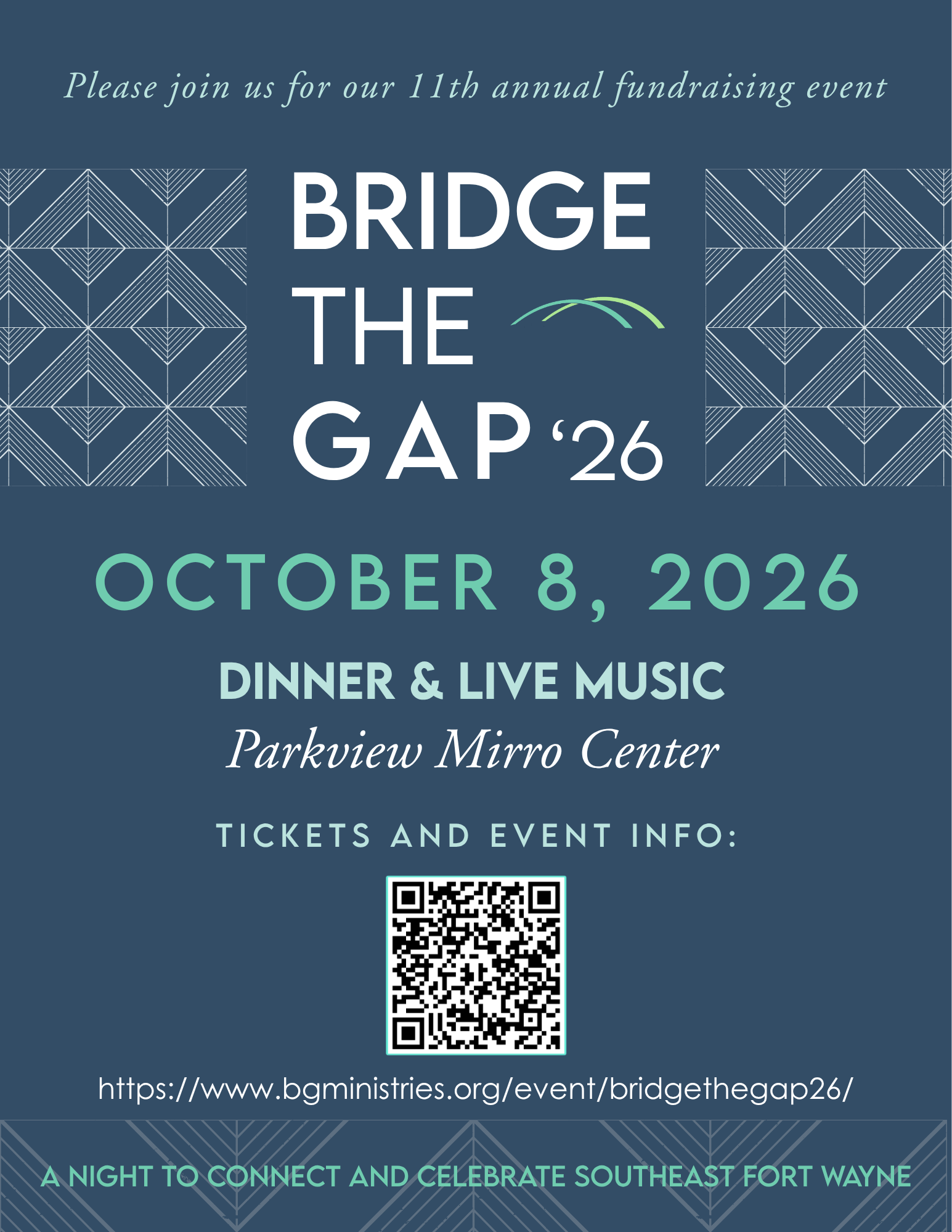 Poster for Bridge the Gap ’26 fundraiser on Oct. 8, 2026 featuring dinner and live music, with a QR code included.
